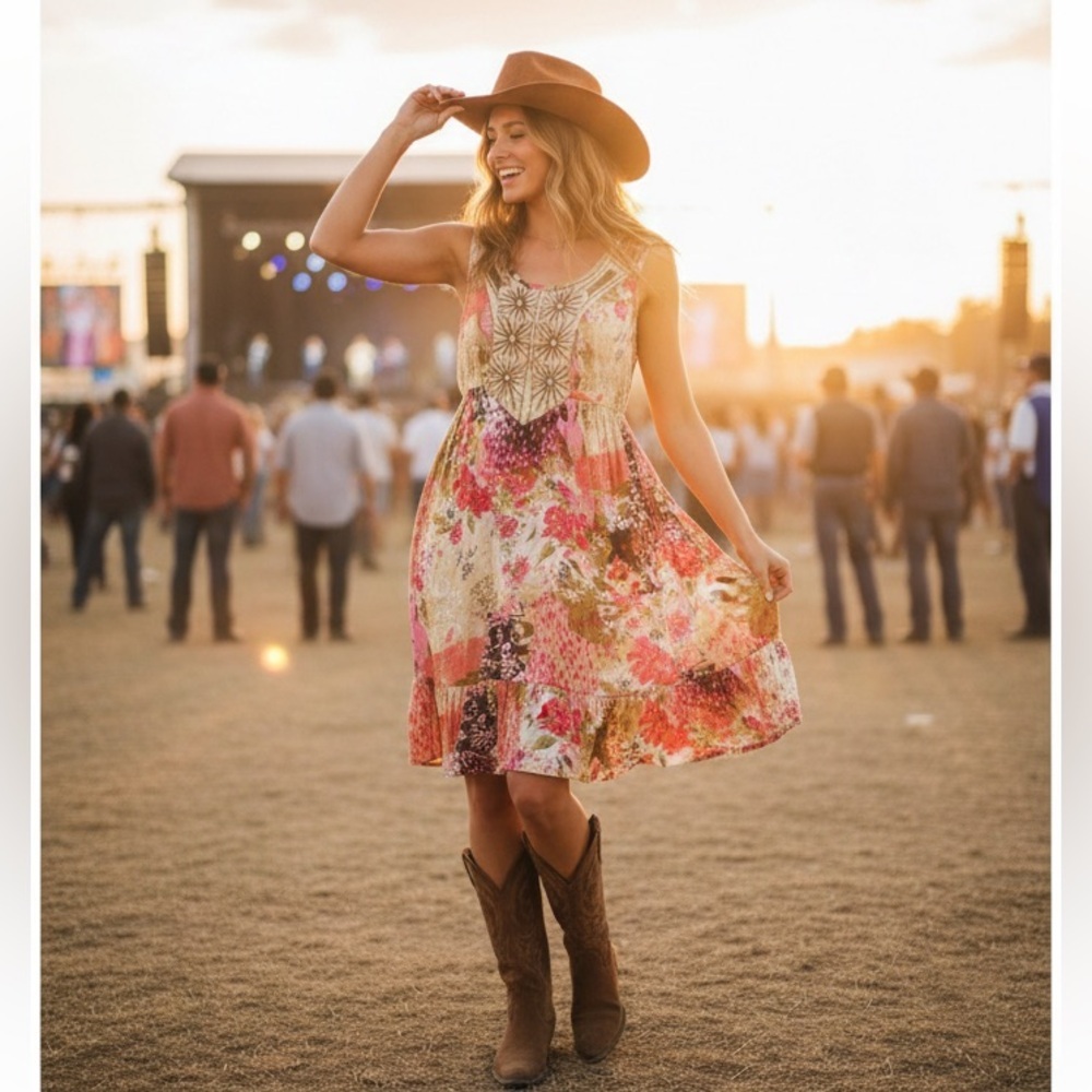 Forbidden Pink & Brown Floral Boho Flowy Indie Beaded Festival Dress Size Medium